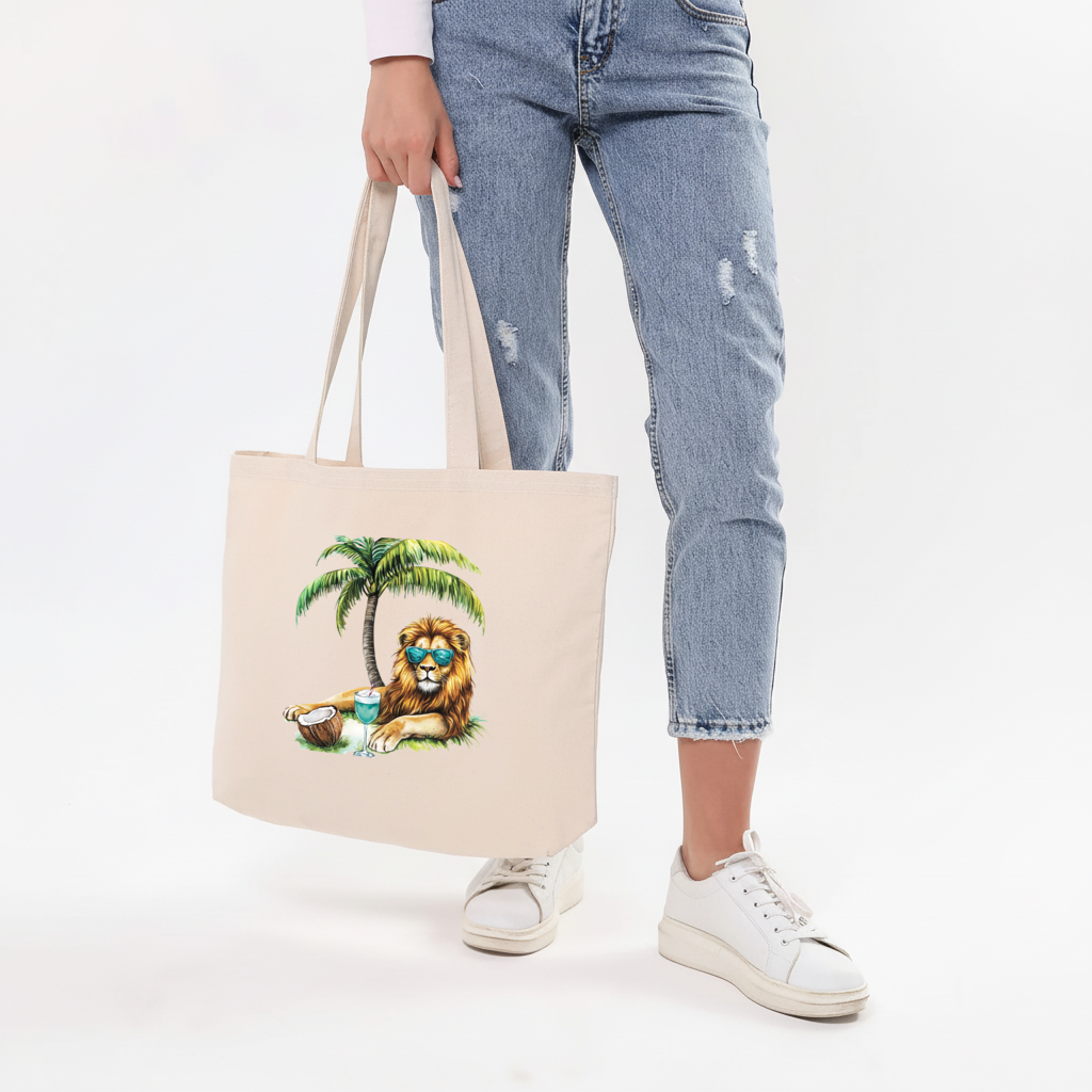 Summer Vibe Lion Under Palm Tree Horizontal Canvas Tote Bag