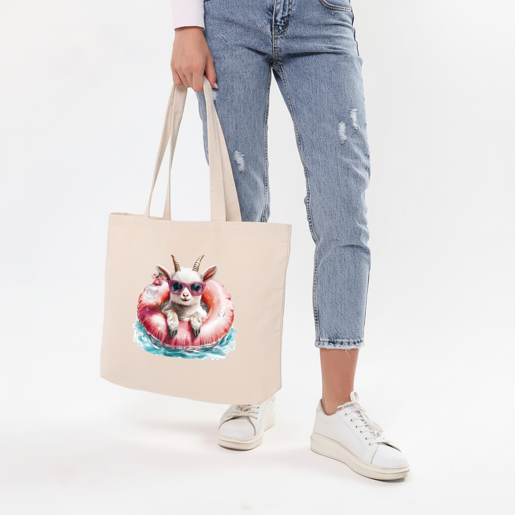 Baby Goat in Pink Pool Ring Horizontal Canvas Tote Bag