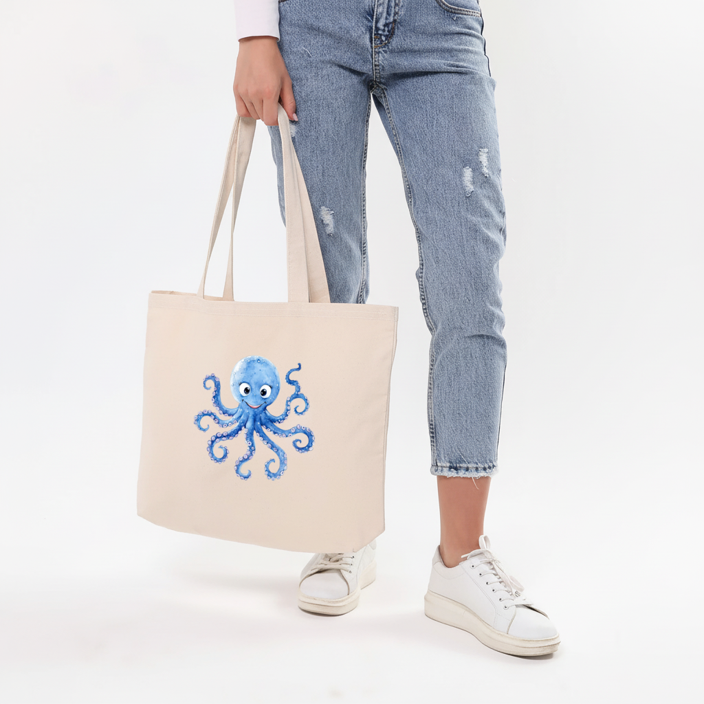 Cute Blue Watercolor Octopus Horizontal Canvas Tote Bag