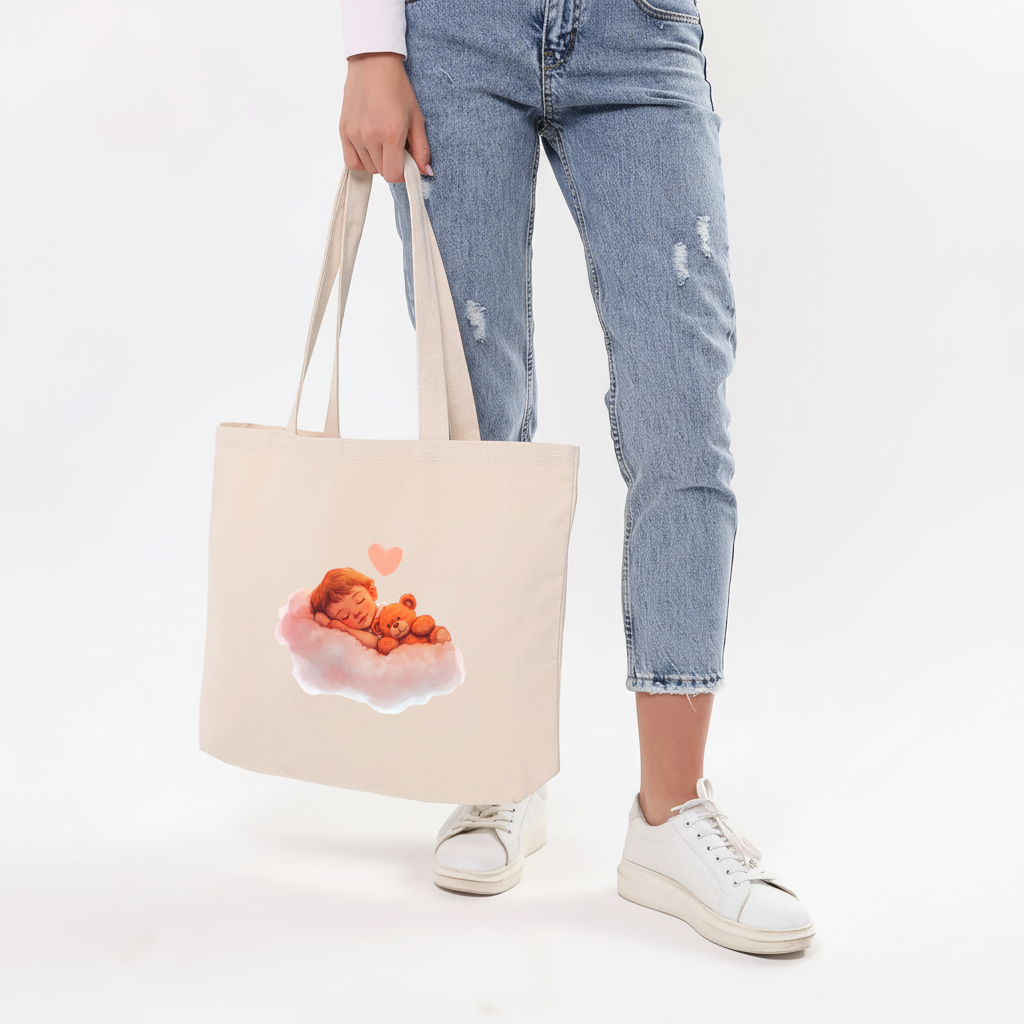 Bulut Üstünde Uyuyan Bebek ve Ayıcık Yatay Canvas Çanta