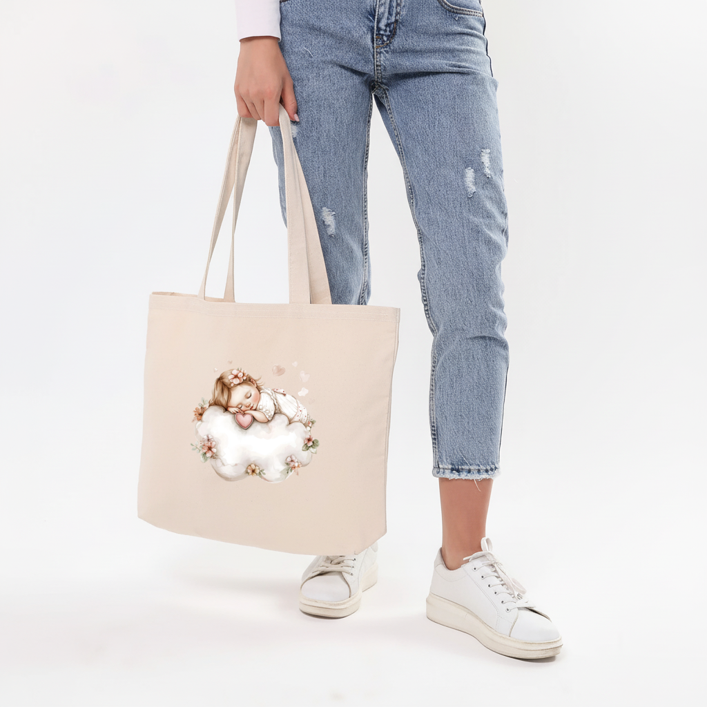 Bulut Üstünde Uyuyan Çiçekli Bebek Yatay Canvas Çanta