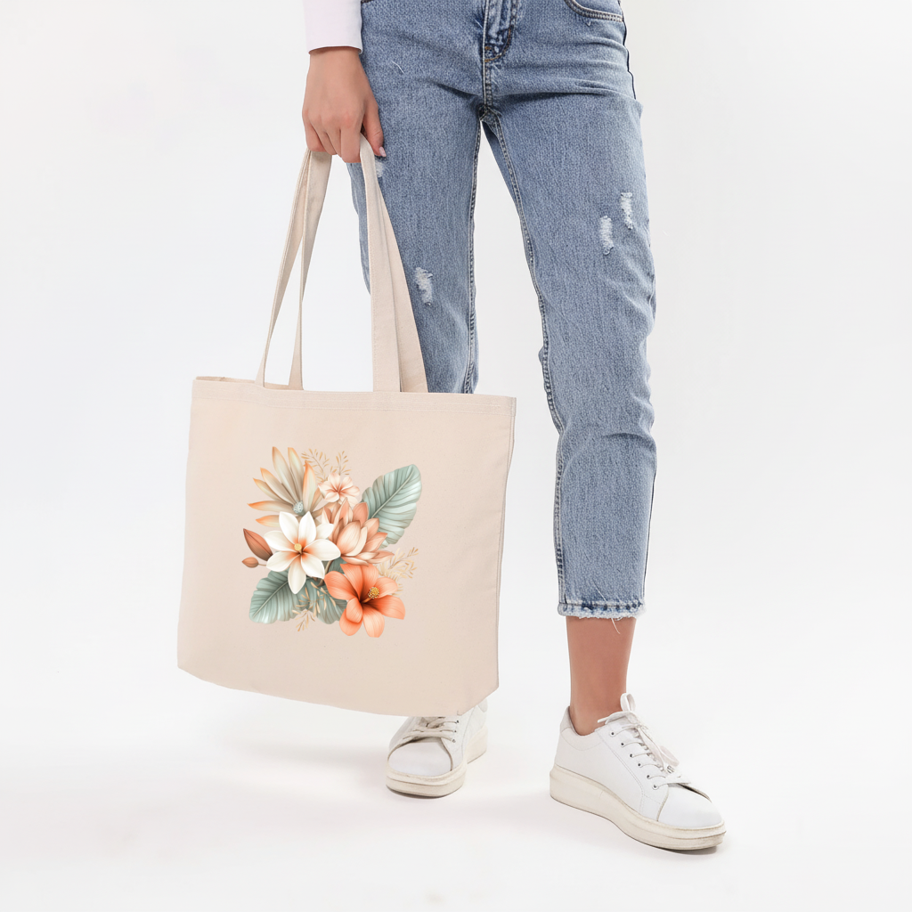 Şeftali Tonlu Tropikal Çiçek Buketi Yatay Canvas Çanta