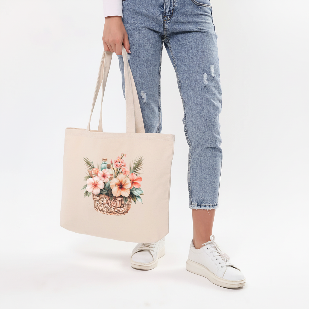 Tropical Hibiscus Flower Woven Basket Horizontal Canvas Tote Bag