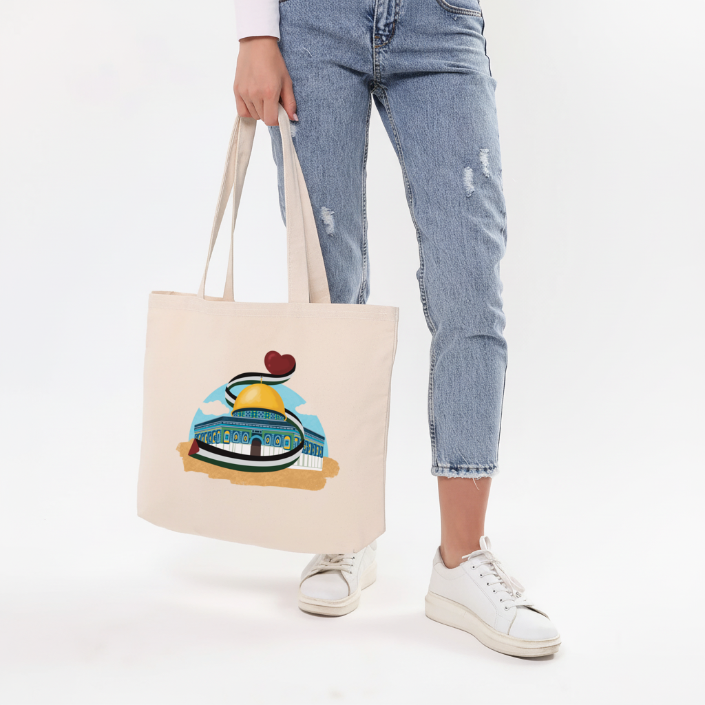 Filistin Bayraklı Kubbet-üs Sahra ve Kalp Yatay Canvas Çanta