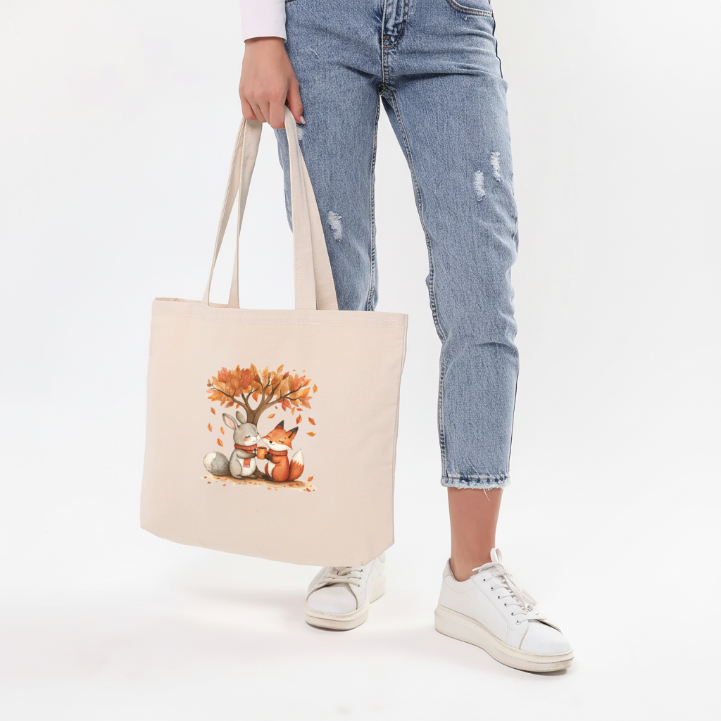 Sıcacık Sonbahar Tavşanı ve Tilkisi Yatay Canvas Çanta