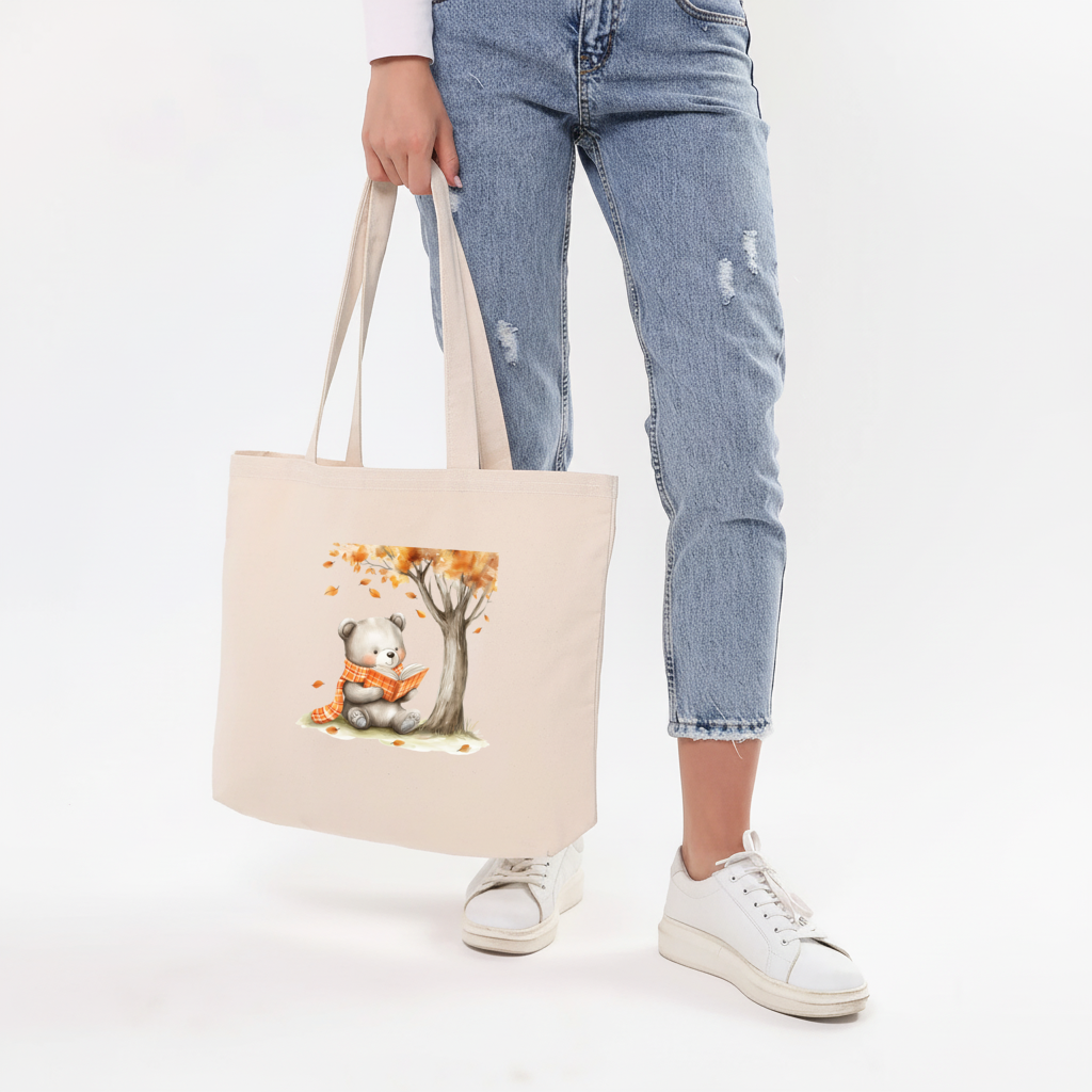 Reading Bear with Orange Scarf Horizontal Canvas Tote Bag
