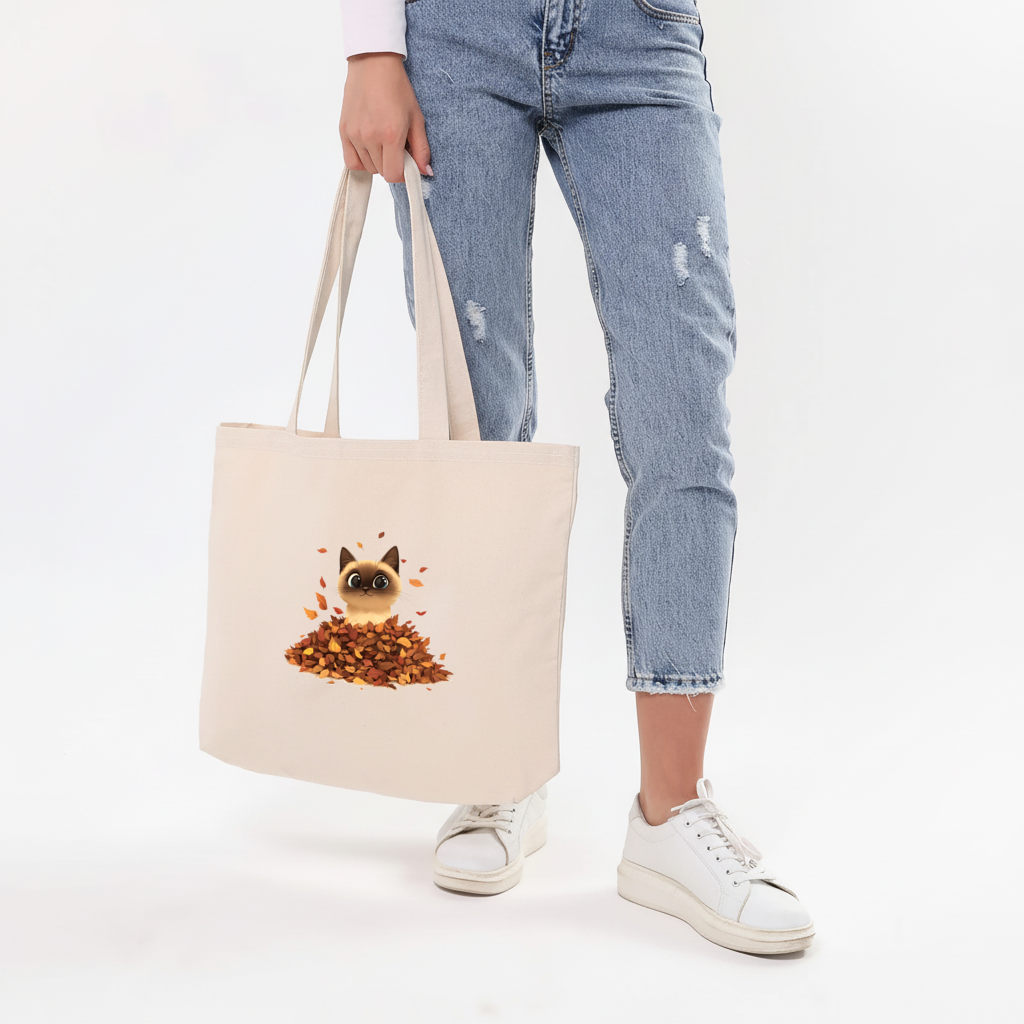 Siamese Cat in Autumn Leaf Pile Horizontal Canvas Tote Bag