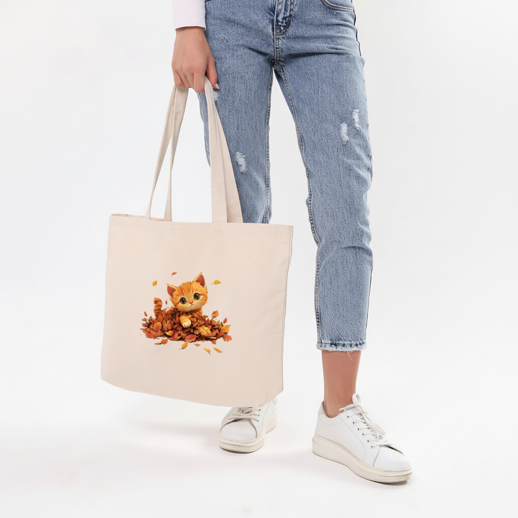 Ginger Kitten in Autumn Leaves Horizontal Canvas Tote Bag