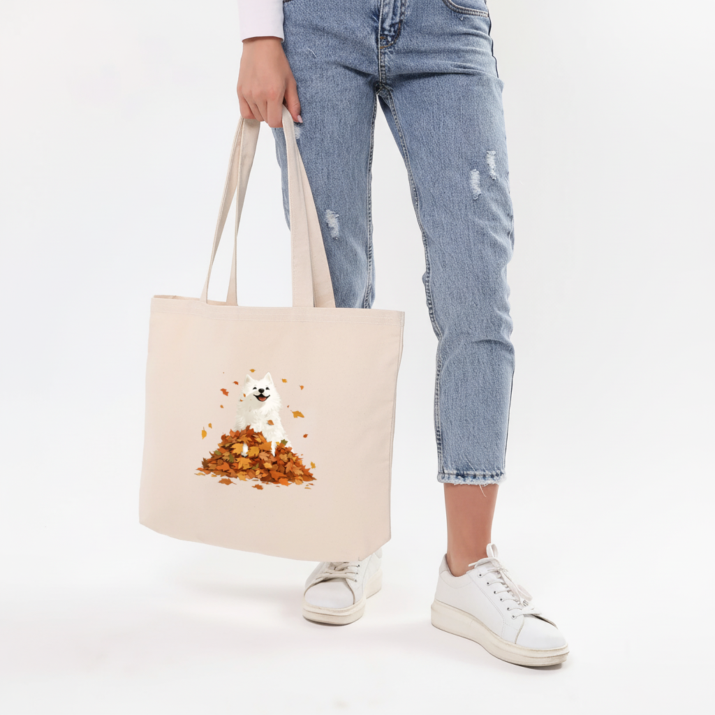 Happy White Dog in Autumn Leaves 