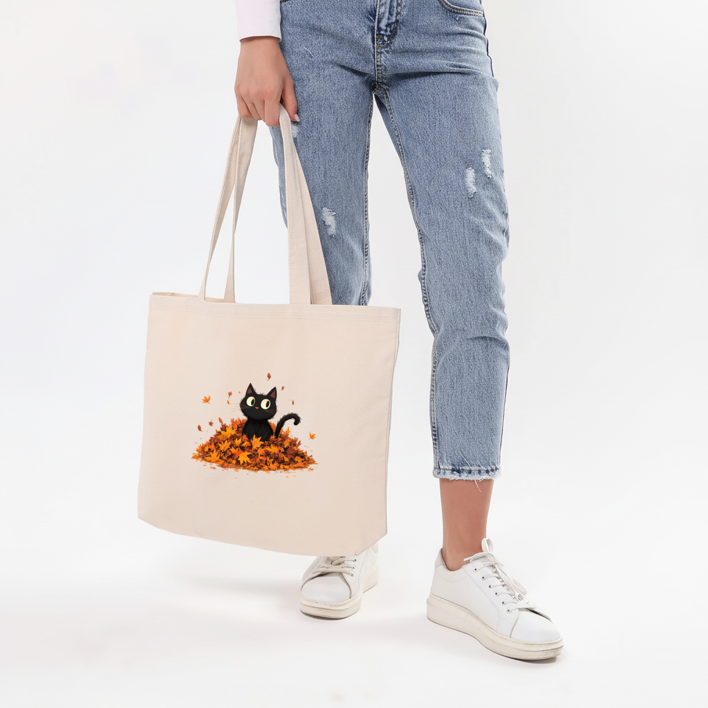 Cute Black Cat in Autumn Leaves 