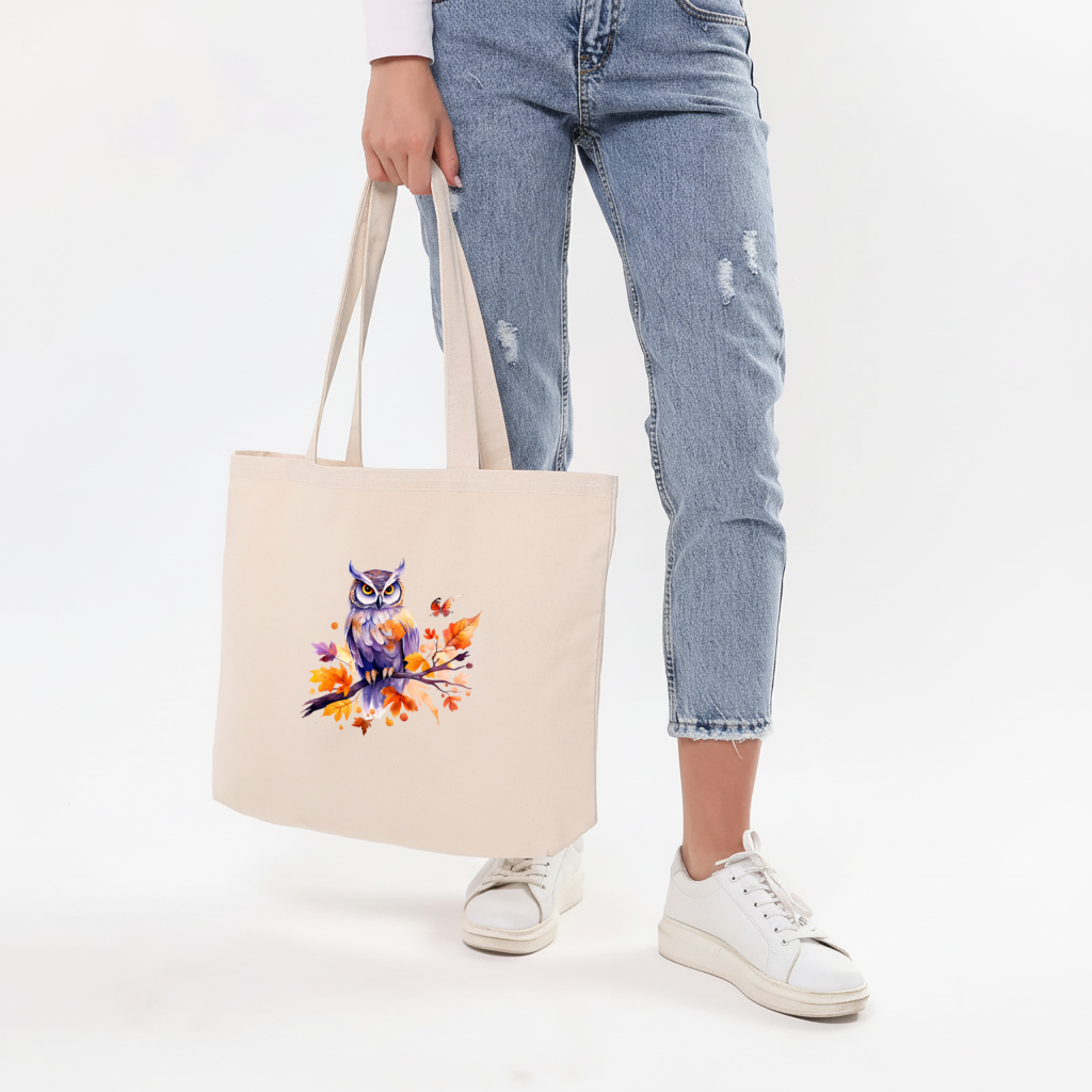 Whimsical Autumn Owl and Butterfly Horizontal Canvas Tote Bag