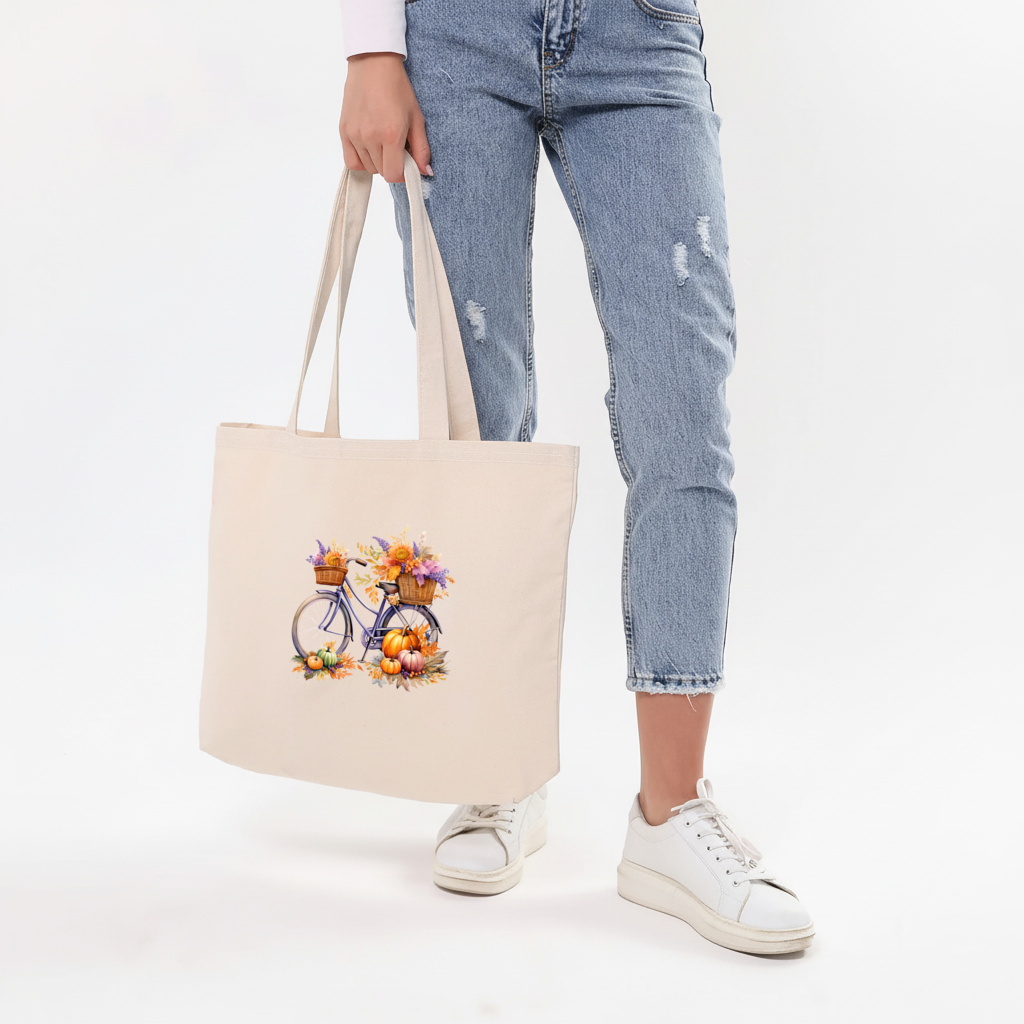 Lavender Autumn Bicycle with Pumpkins Horizontal Canvas Tote Bag