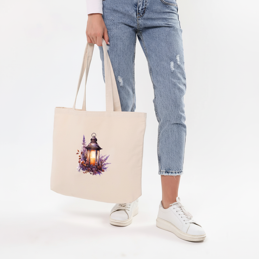 Cottagecore Lavender and Leaves Lantern Horizontal Canvas Tote Bag
