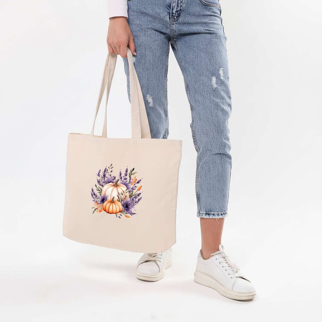 Lavender and Pumpkin Autumn Bouquet Horizontal Canvas Tote Bag