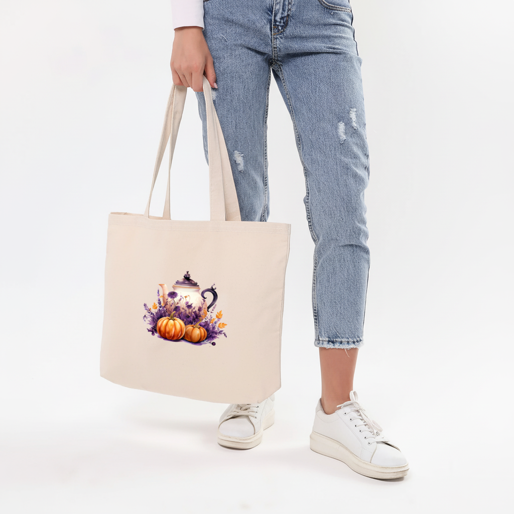 Vintage Purple Floral Pumpkin Teapot Horizontal Canvas Tote Bag