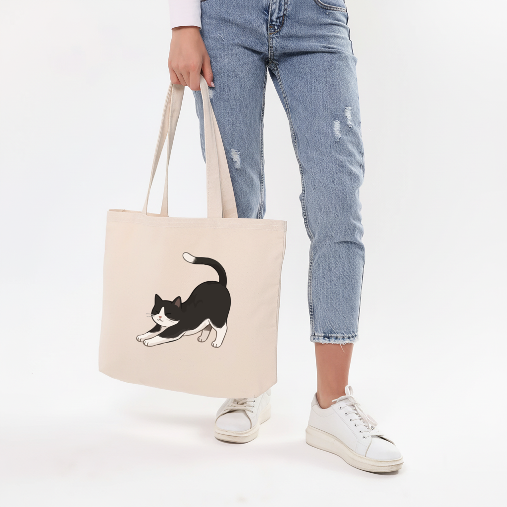 Stretching Tuxedo Cat Horizontal Canvas Tote Bag