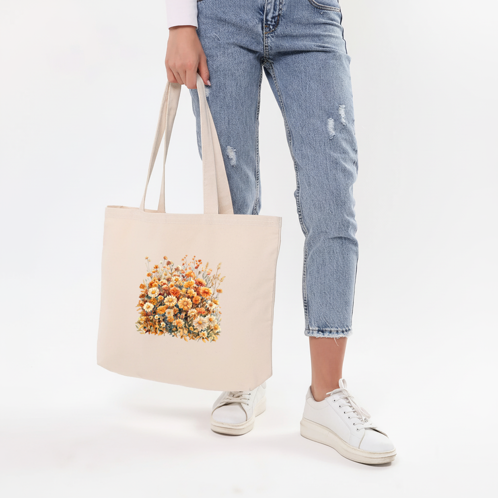 Watercolor Orange Wildflowers Horizontal Canvas Tote Bag