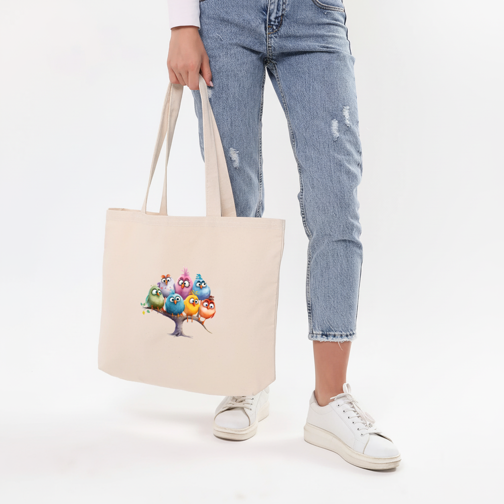 Whimsical Colorful Birds on Branch 