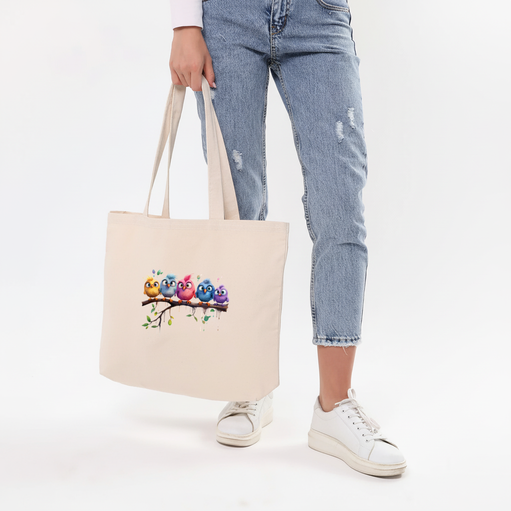 Daldaki Beş Renkli Kawaii Kuş Yatay Canvas Çanta