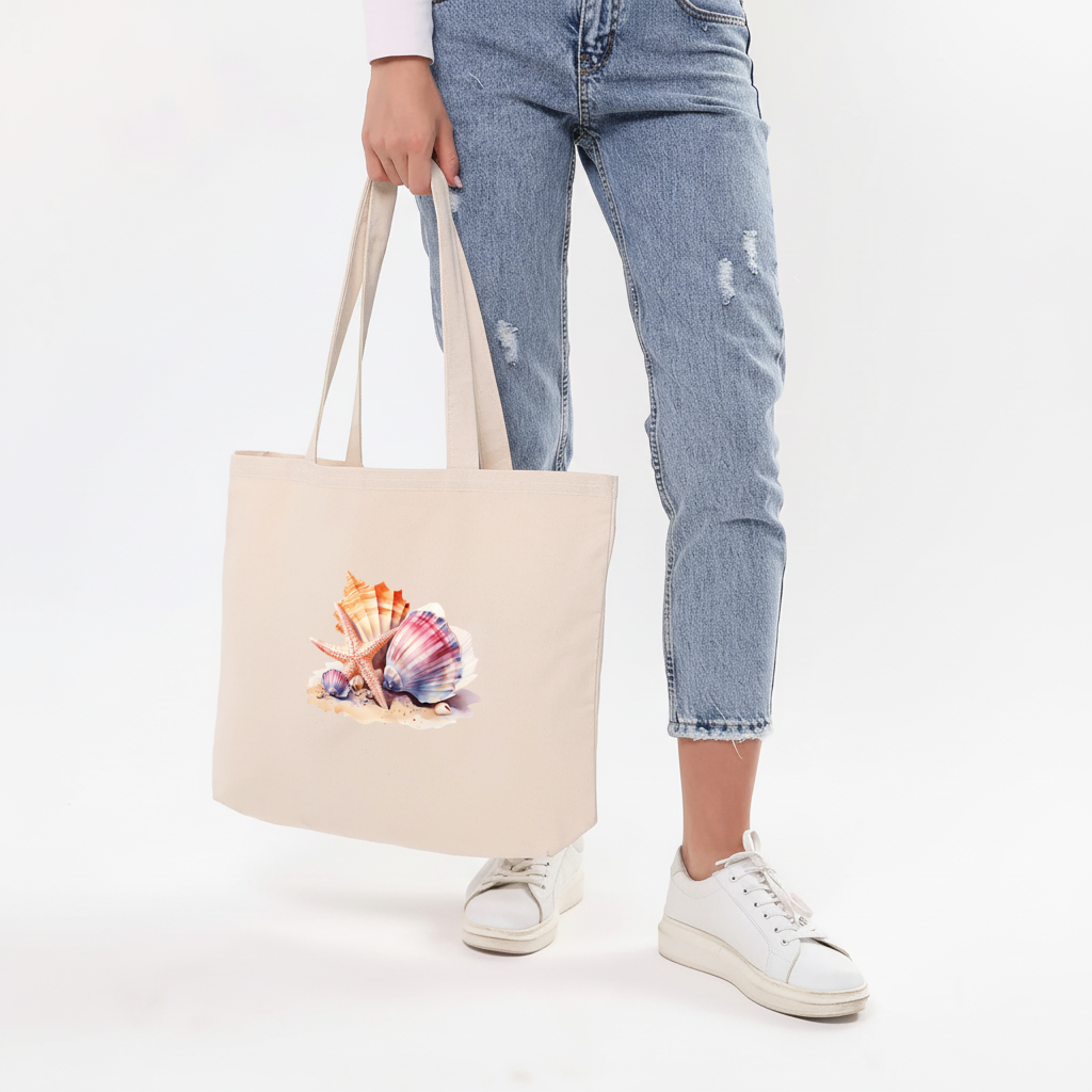 Watercolor Coastal Seashells Horizontal Canvas Tote Bag