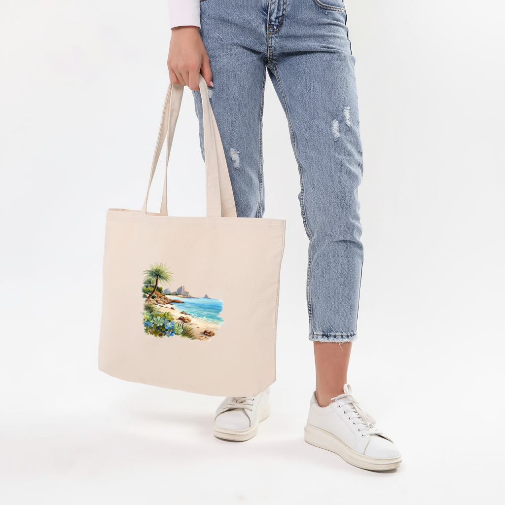 Tropical Palm Tree and Turquoise Sea Horizontal Canvas Tote Bag