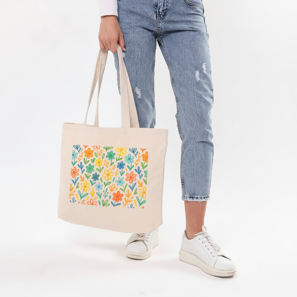 Colorful Boho Wildflowers Horizontal Canvas Tote Bag