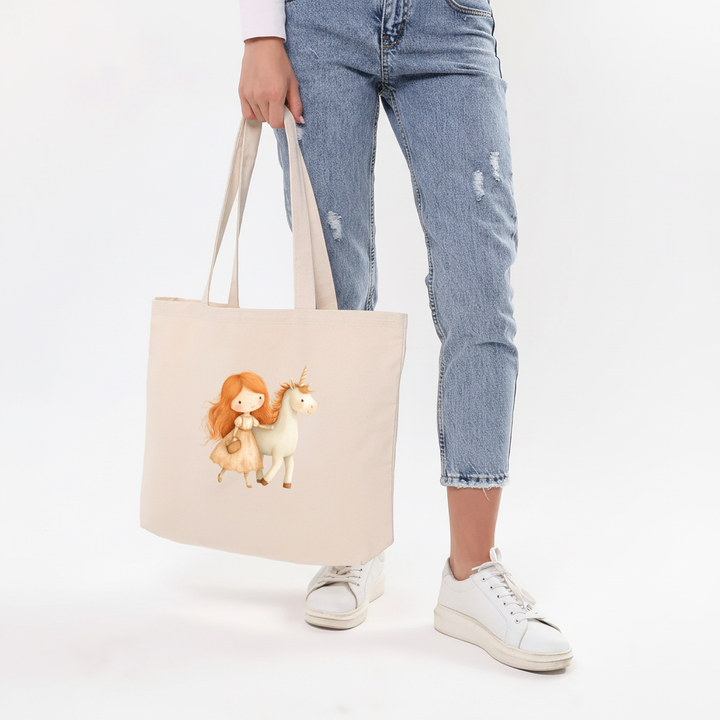 Ginger Girl with Whimsical White Unicorn Horizontal Canvas Tote Bag