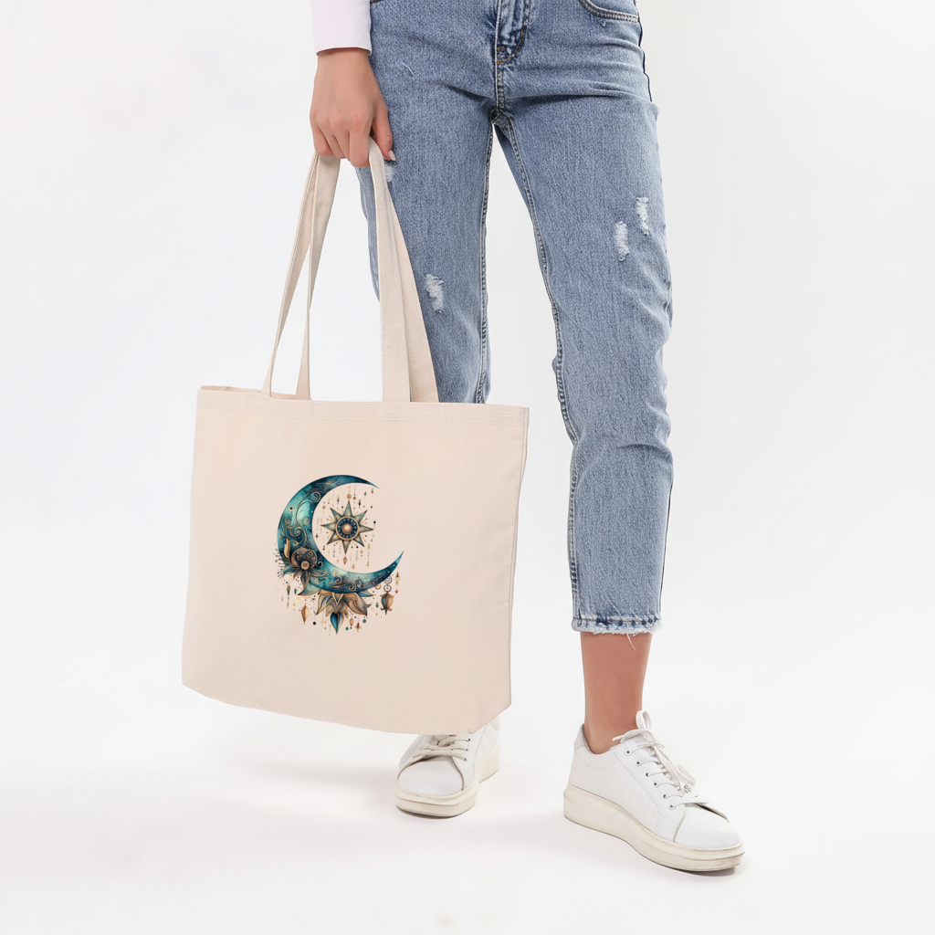 Boho Celestial Sun and Moon Horizontal Canvas Tote Bag