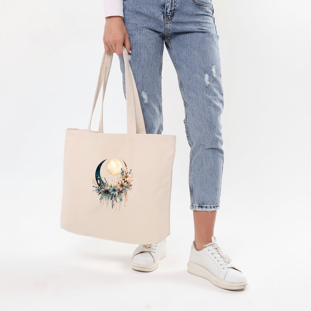 Boho Ay ve Botanik Çiçekler Yatay Canvas Çanta