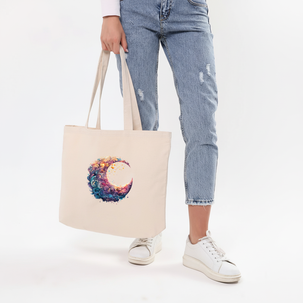 Colorful Swirled Celestial Moon Horizontal Canvas Tote Bag