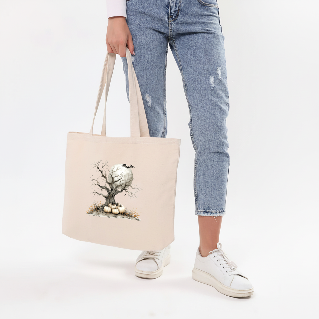 Spooky Tree with White Pumpkins Moon Horizontal Canvas Tote Bag