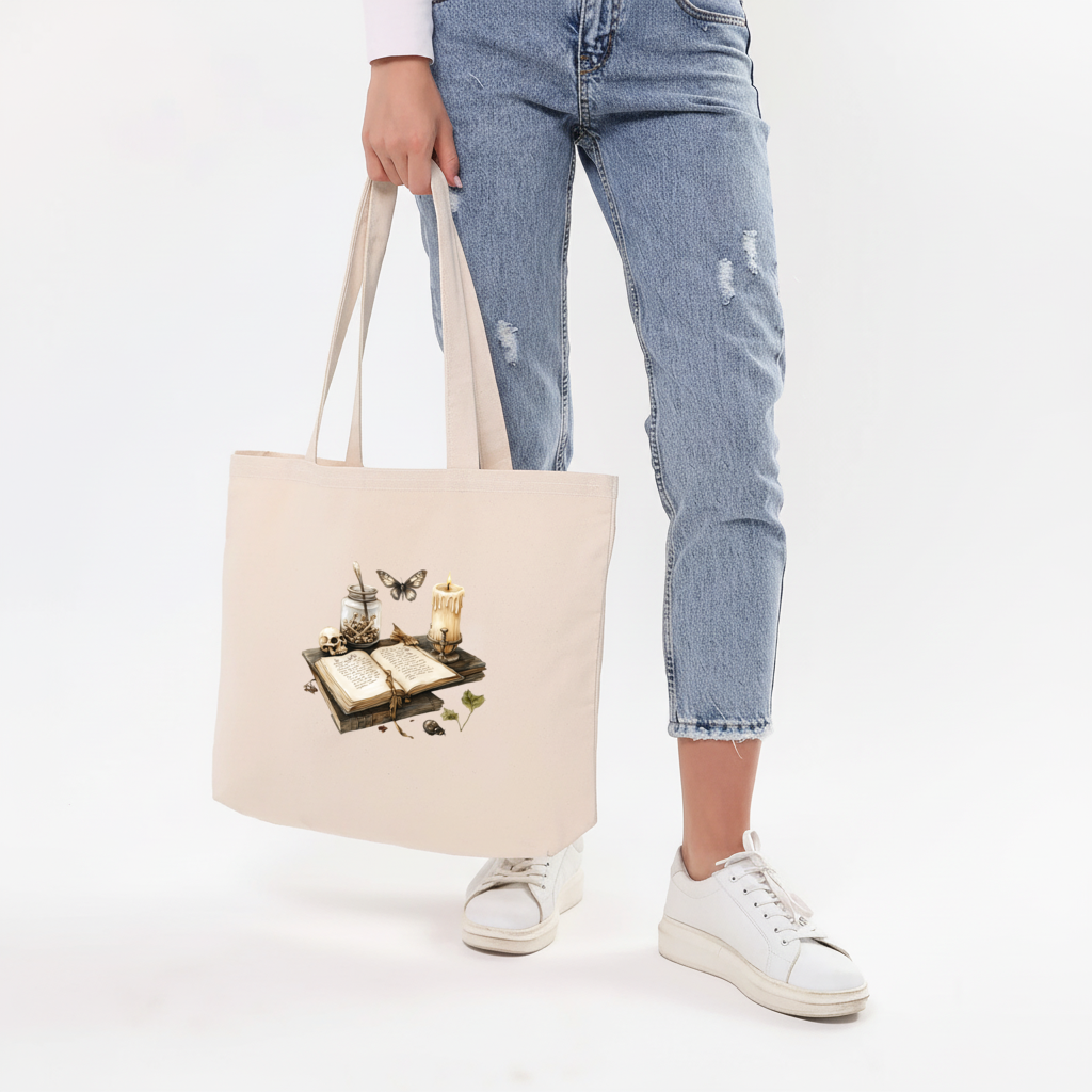 Vintage Dark Academia Grimoire Horizontal Canvas Tote Bag