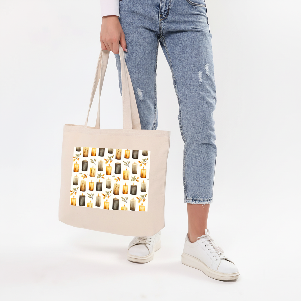 Warm Neutral Autumn Candles and Leaves Horizontal Canvas Tote Bag