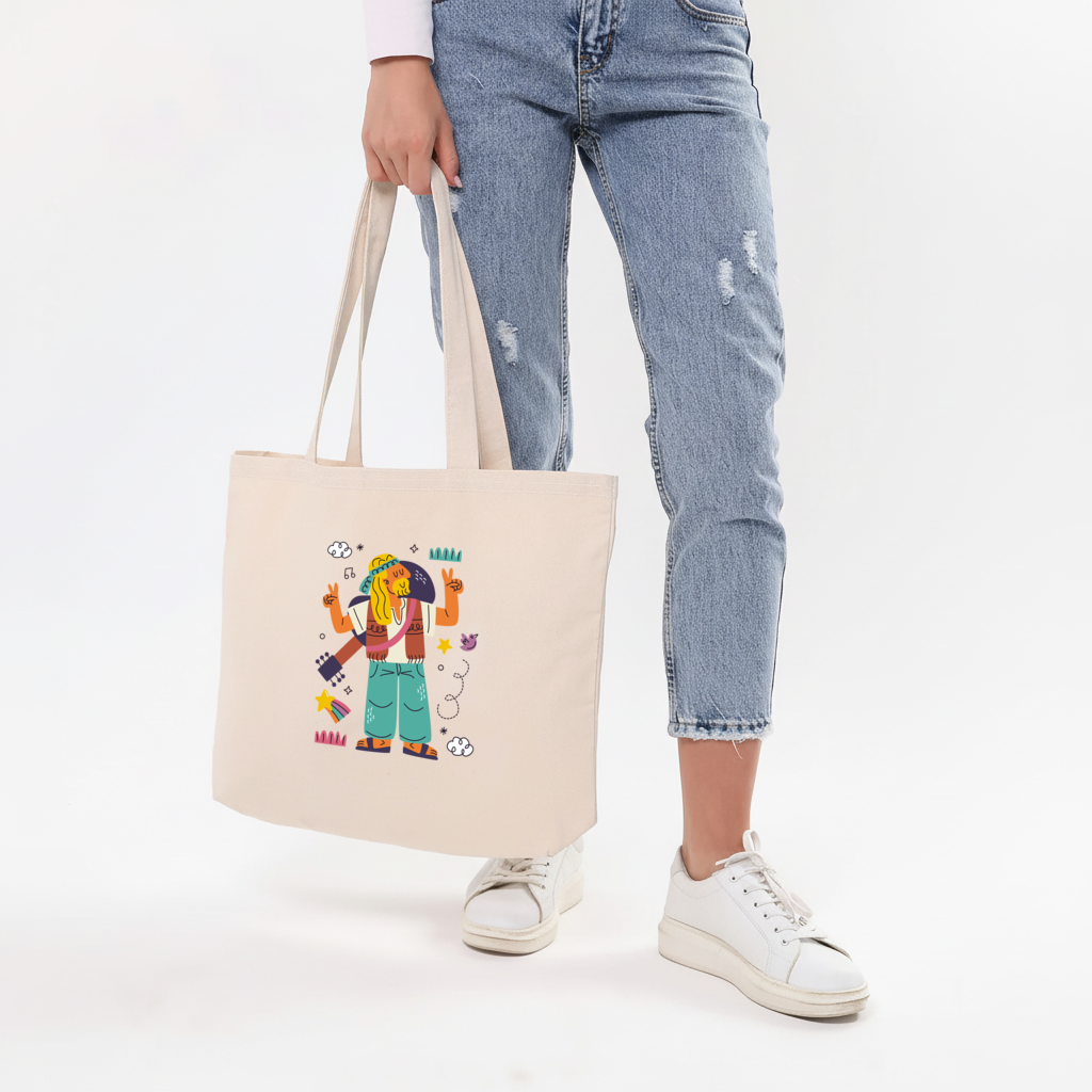 Retro Hippie Character Horizontal Canvas Tote Bag