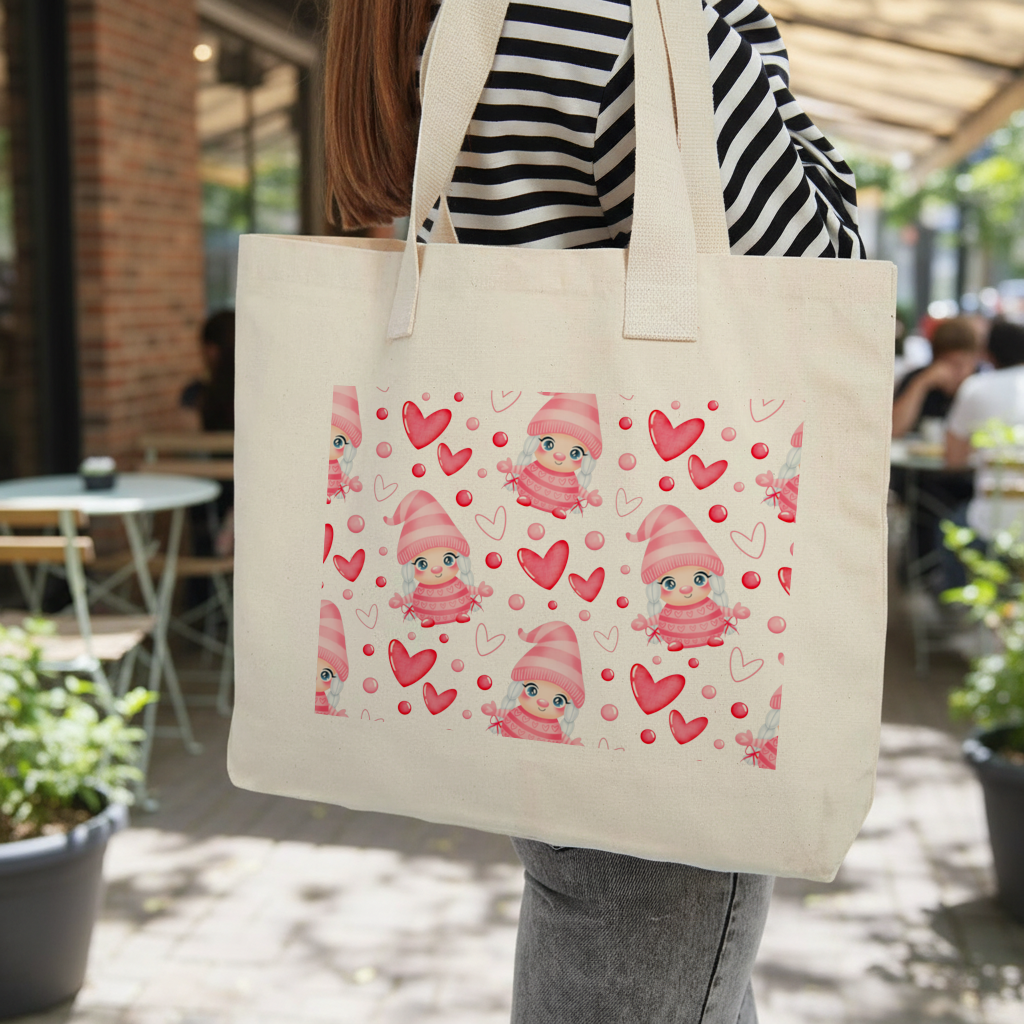 Cute Pink Baby Girl Valentines Day Heart Pattern Design Inner Pocket Tote with Webbing Handle
