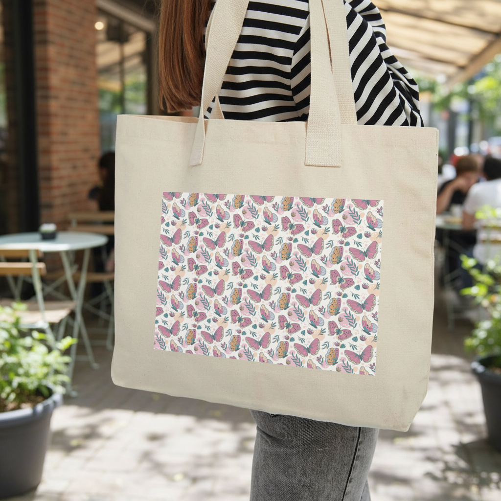 Pastel Butterflies and Botanical Leaves Seamless Pattern Inner Pocket Tote with Webbing Handle