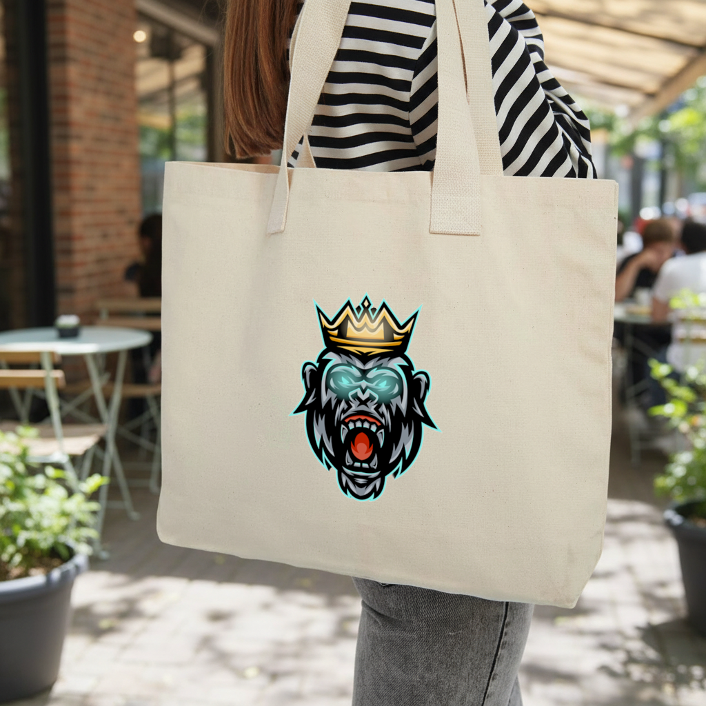 Angry Gorilla King with Crown Graphic - Neon Mascot Design Inner Pocket Tote with Webbing Handle