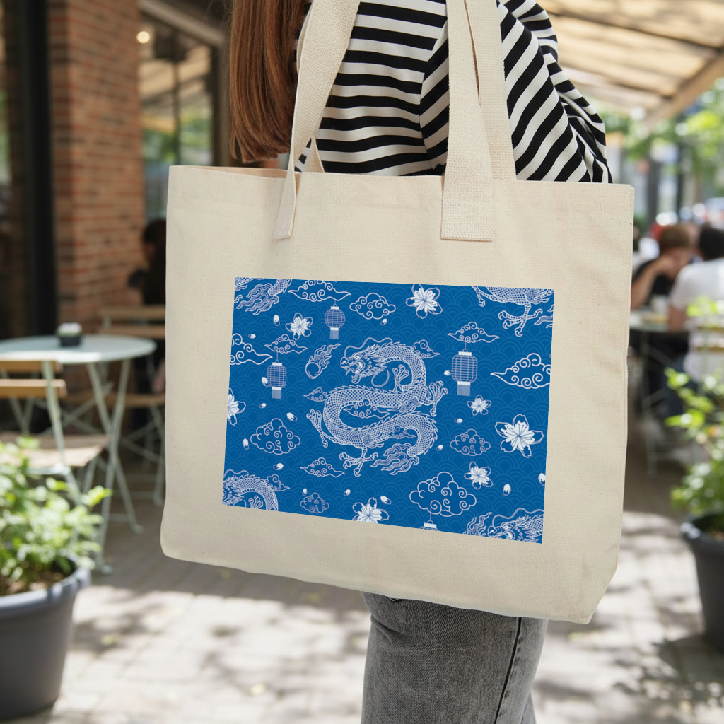 Traditional Dragon Pattern on Blue Background Inner Pocket Tote with Webbing Handle