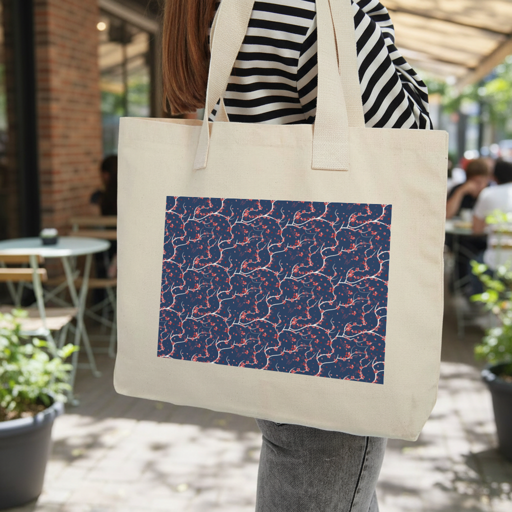 Red Floral Branch Pattern on Navy Background Inner Pocket Tote with Webbing Handle