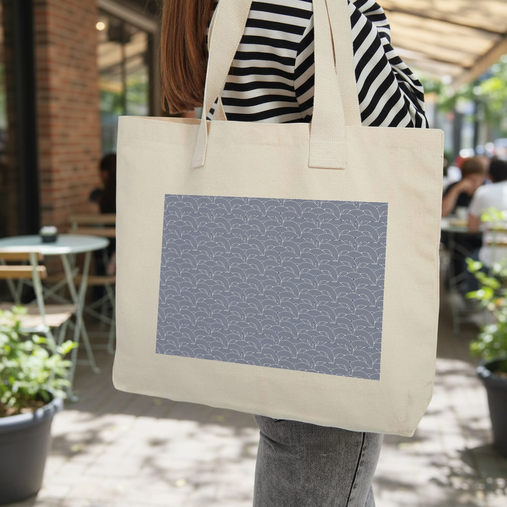 Navy and White Semi Circle Geometric Pattern Inner Pocket Tote with Webbing Handle
