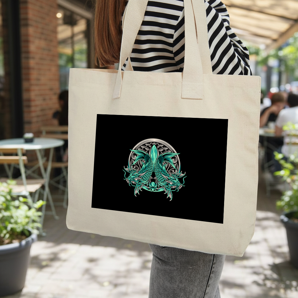 Turquoise Twin Dragon Emblem Design Inner Pocket Tote with Webbing Handle