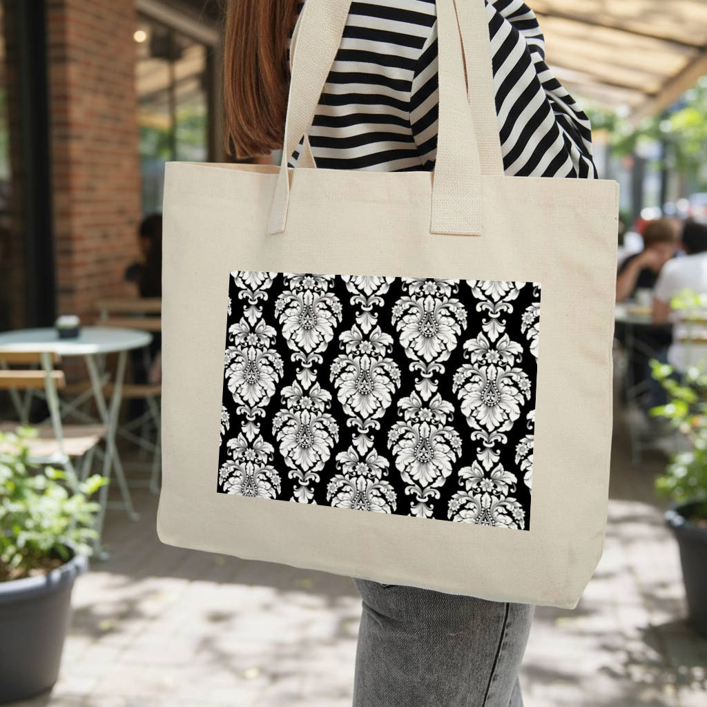 Black and White Baroque Floral Pattern Inner Pocket Tote with Webbing Handle