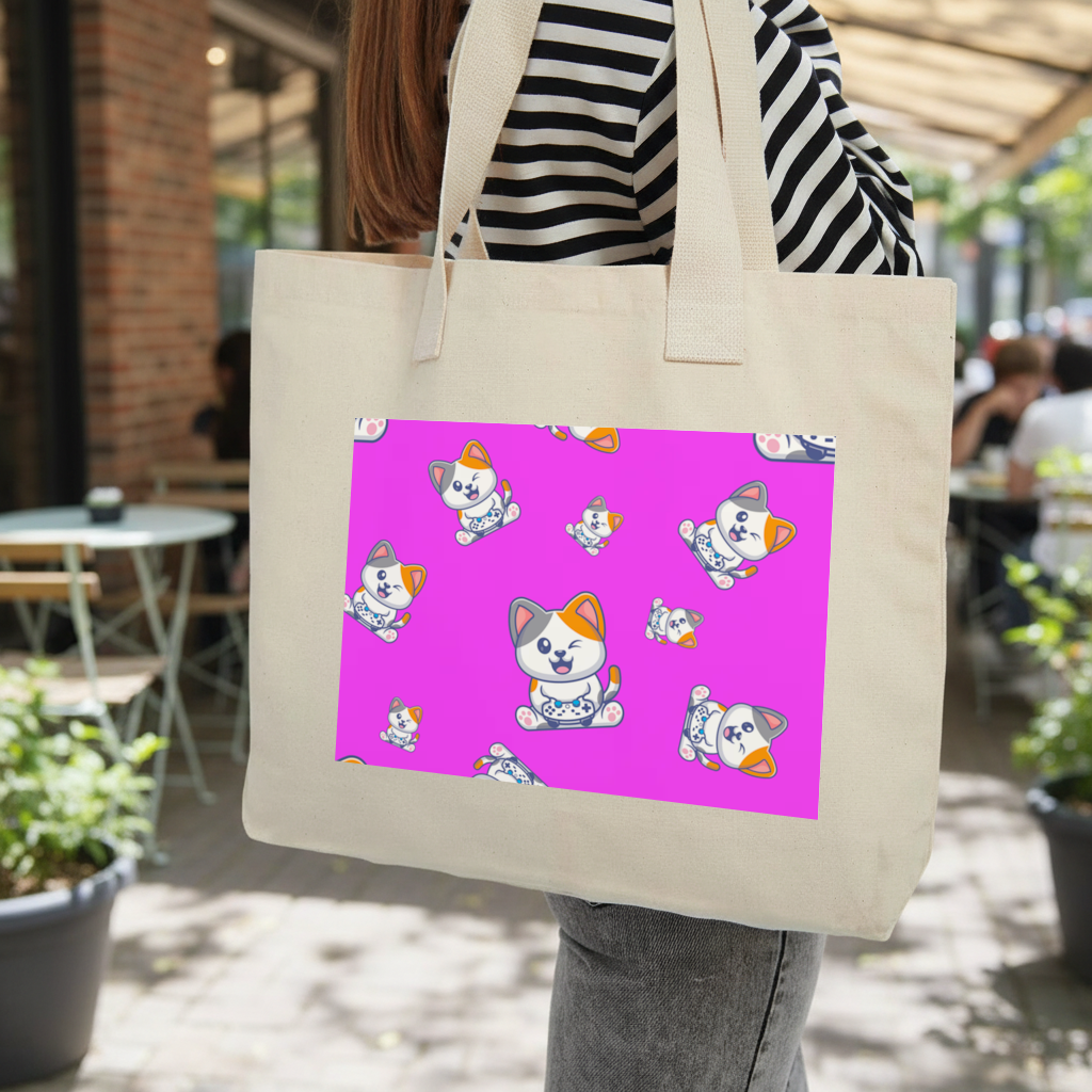 Cute Cartoon Cat Pattern on Pink Background Inner Pocket Tote with Webbing Handle