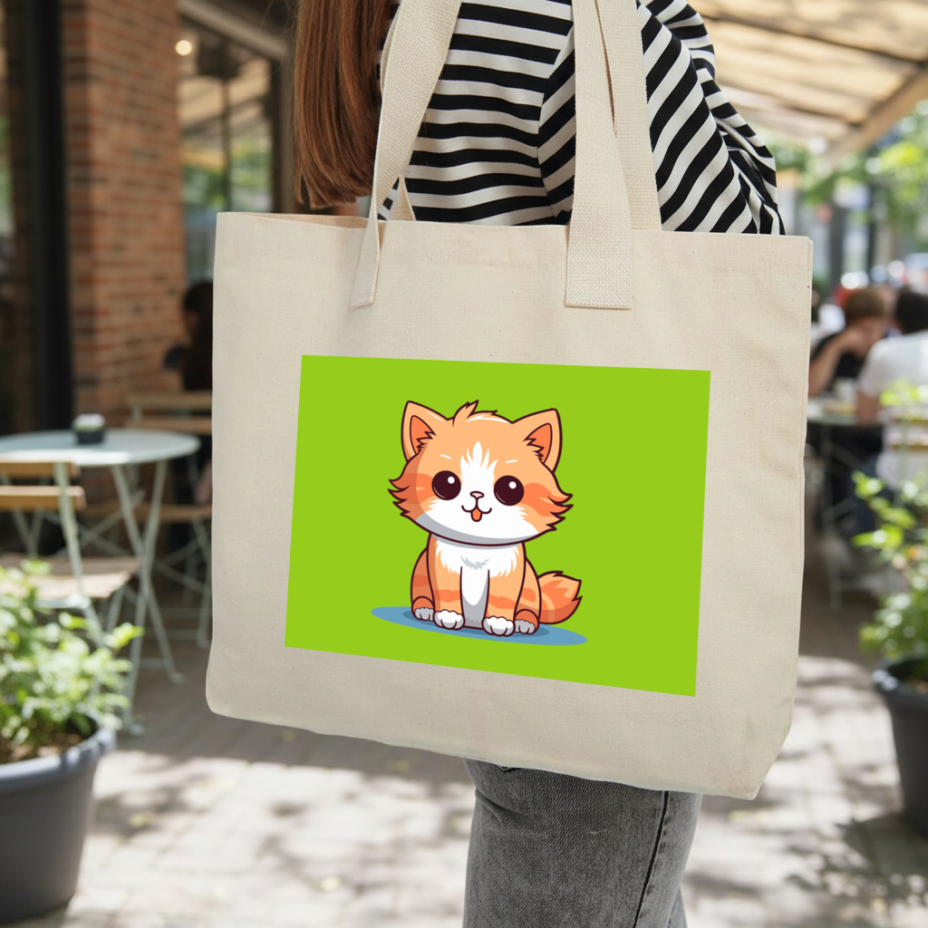 Cute Orange Cat Illustration Inner Pocket Tote with Webbing Handle
