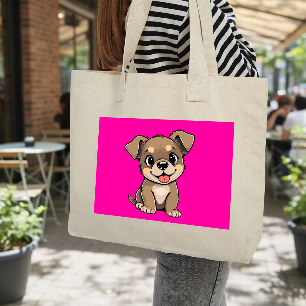 Cute Dog Illustration on Pink Background Inner Pocket Tote with Webbing Handle