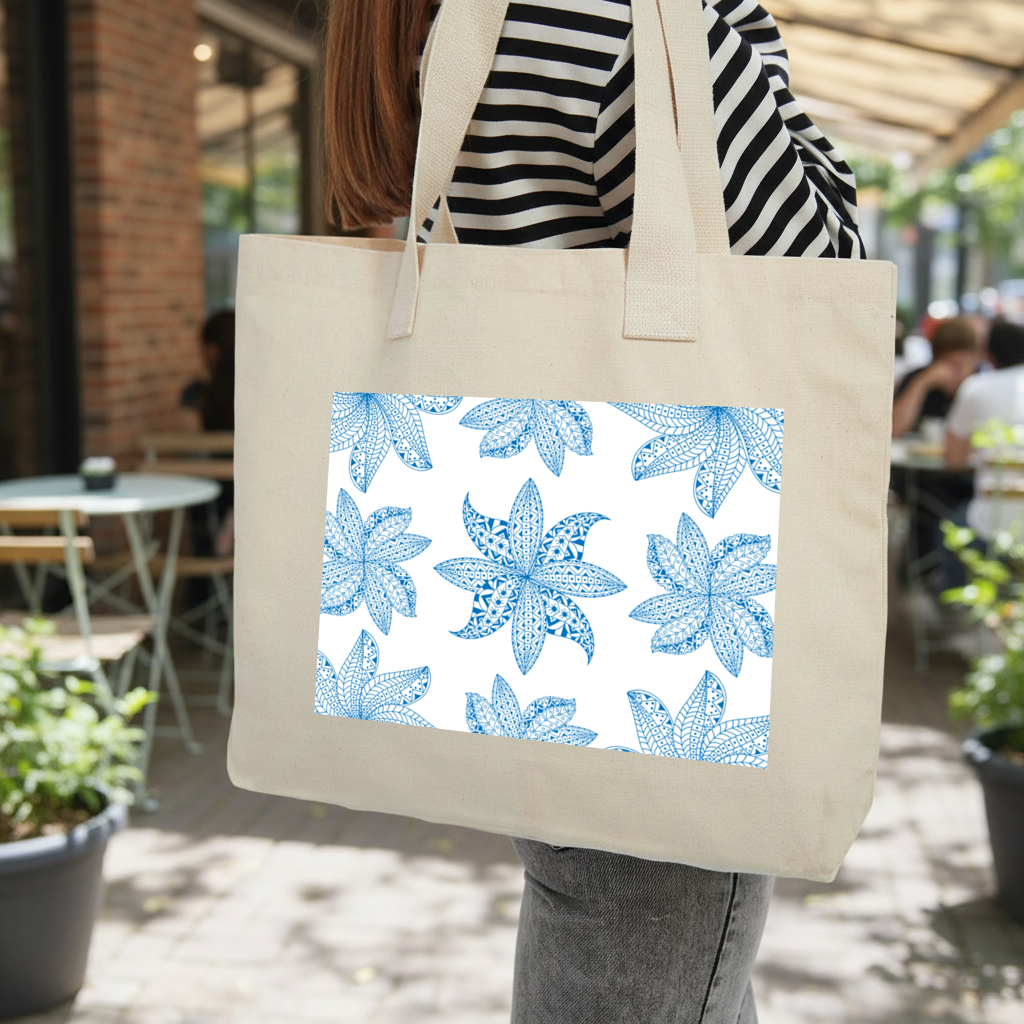 Blue Mandala Floral and Leaf Zentangle Pattern Inner Pocket Tote with Webbing Handle