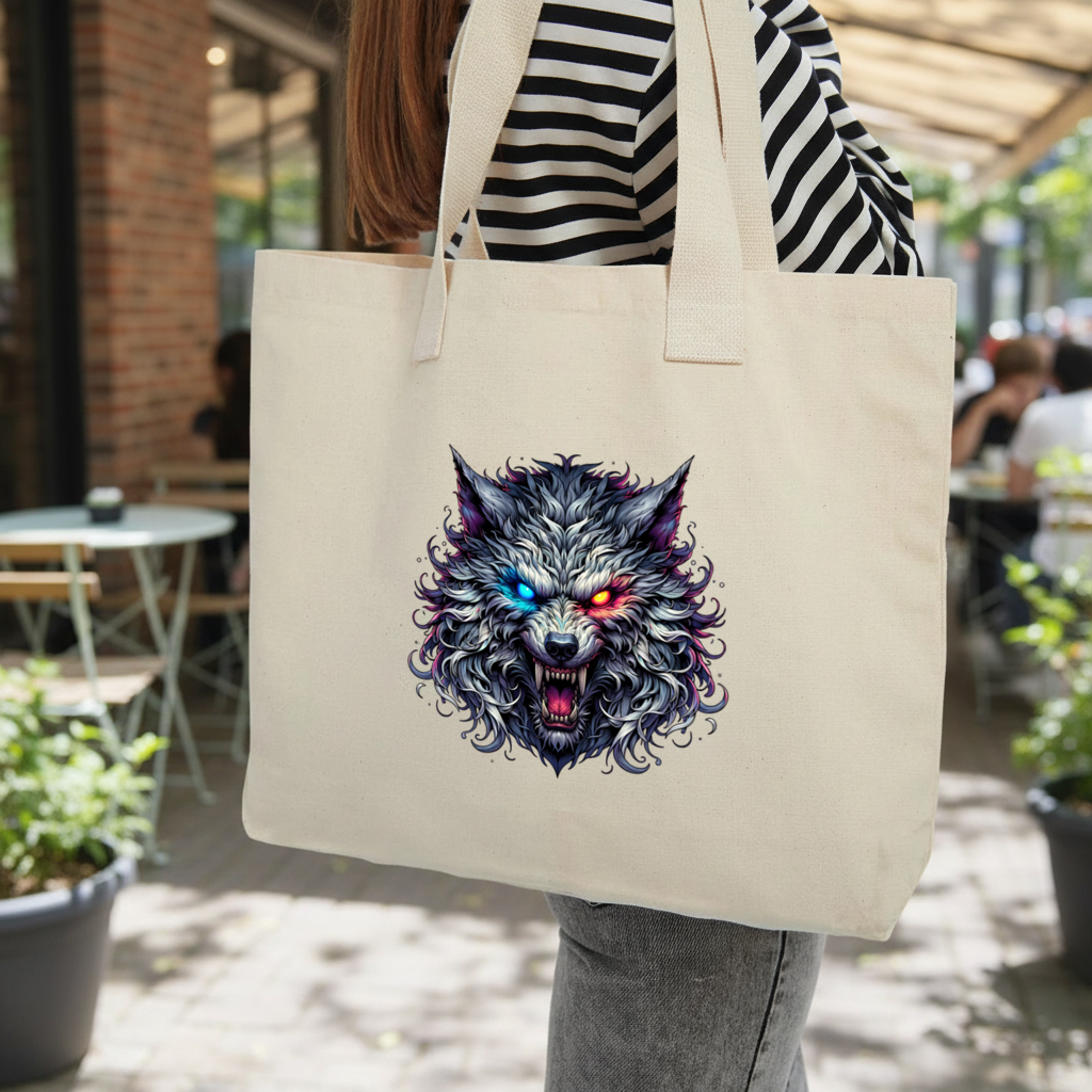 Fierce Wolf Head Illustration Heterochromia Eyes, Savage Wolf Inner Pocket Tote with Webbing Handle