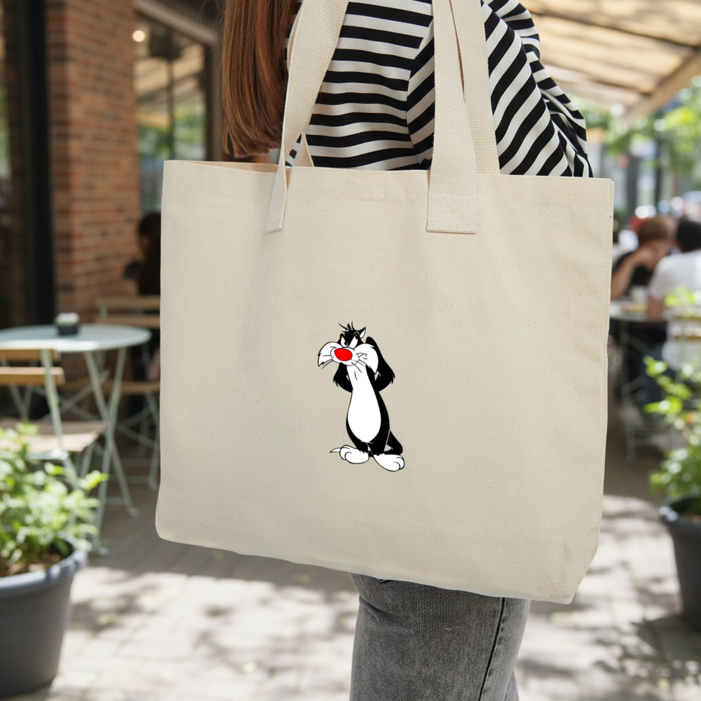 Funny Cartoon Cat Illustration Inner Pocket Tote with Webbing Handle