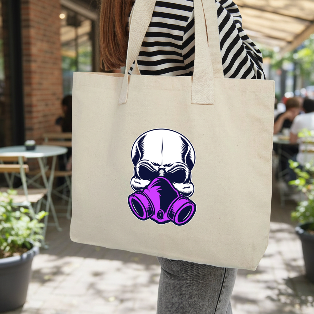 Skull with Gas Mask Illustration Modern and Edgy Design Inner Pocket Tote with Webbing Handle