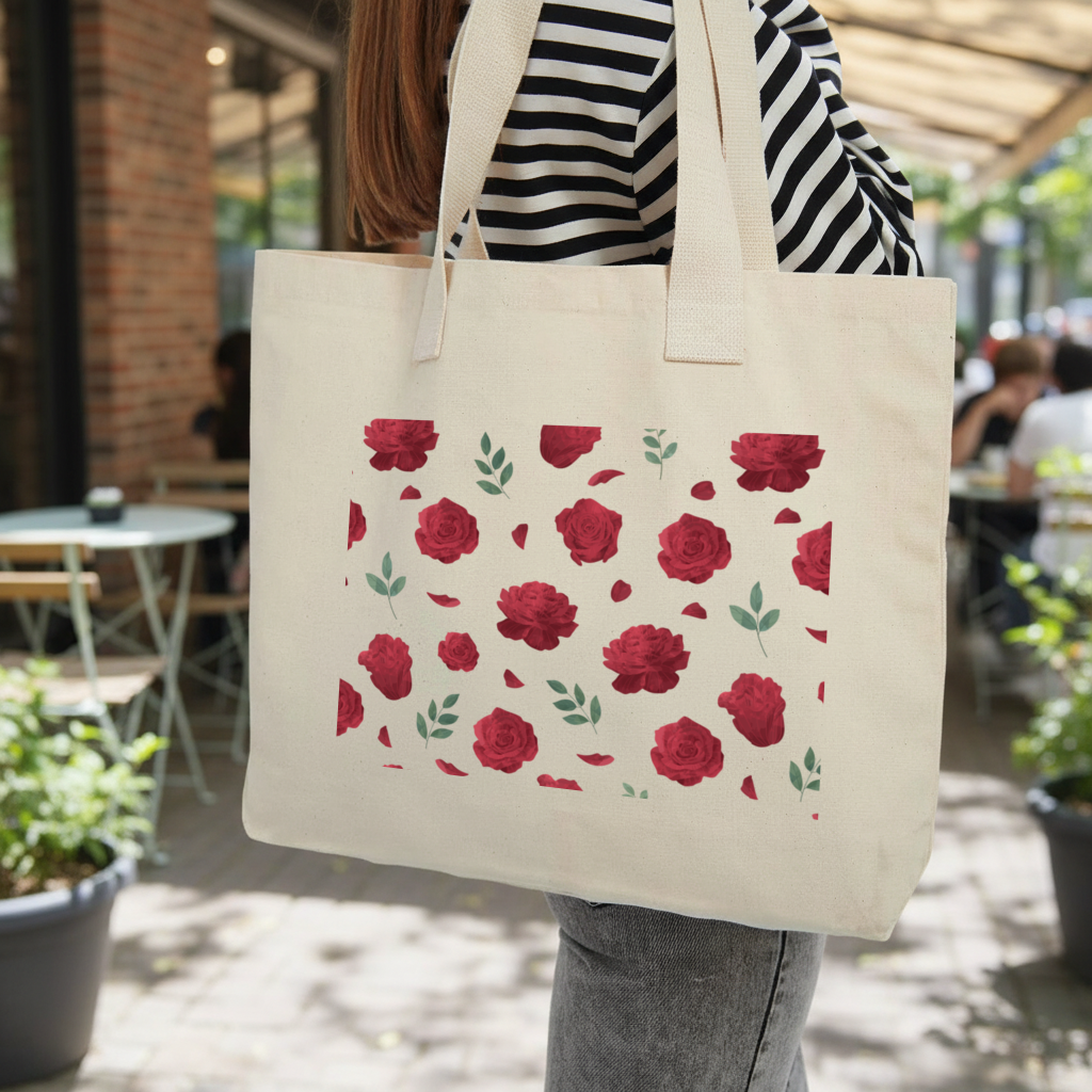 Red Rose and Leaf Romantic Seamless Pattern Inner Pocket Tote with Webbing Handle